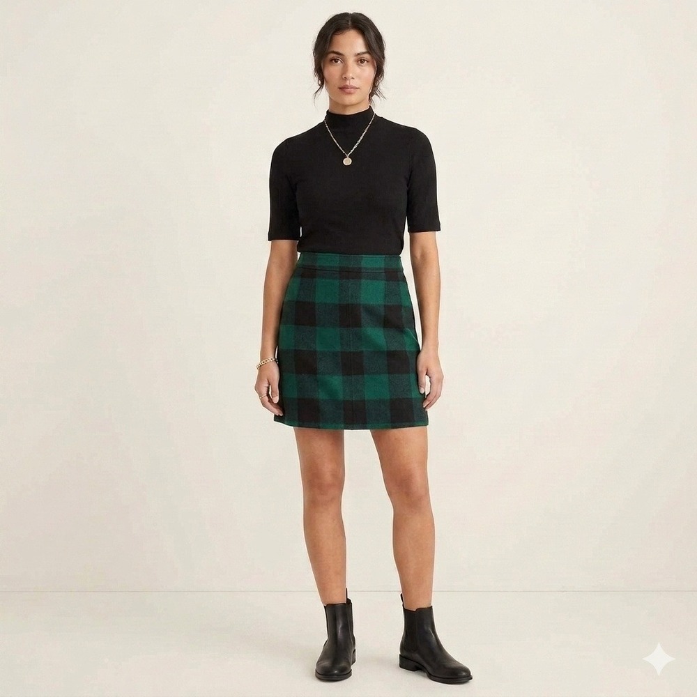 J.Crew Buffalo Plaid Skirt Womens 6 Green Black Wool Blend Mini Skirt